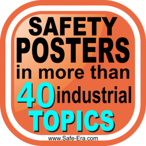 Orange color round corner square box, text written - safety posters in more than 40 industrial topics, text colour black & cyan, along with in the bottom text written in black - website domain - www.safe-era.com
