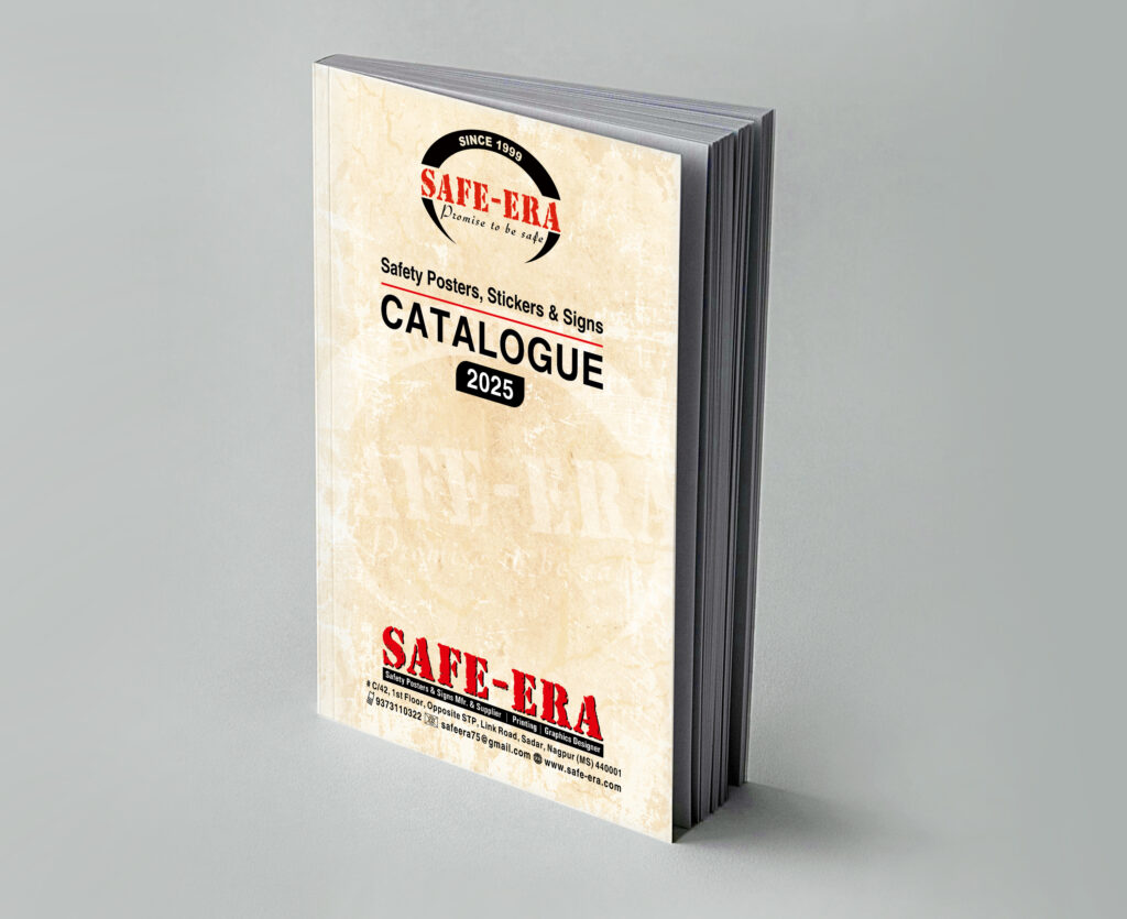 light grey backround image, in the center vertically one thick book is standing, three dimensional view is visible of the book with all the edges of the pages is visible from the right side of book, in cover page - top Safe-Era Logo, text written in logo - since 1999 - safe-era (red colour), promise to be safe (black colour), & half round design with black colour of logo. below that text written in black - safety posters, stickers & signs (red line after that) then text - catalogue (in black color) then in 3rd line (2025) written in black rectangular round coner box with white colour. cover page background colour is light brown & white with rustic design with scratches all over the cover, watermark of safe-era logo in the center with white colour, bottom of the cover page text written - in red color with black thin shadow "SAFE-ERA" under stand thick black line - text written with white colour - safety posters & signs mfr. & supplier | printing | graphics designer, under that with black colour address is written - #c/42, 1st floor, opposite stp, link road, sadar, nagpur, (ms) 440001. after that in last line phone symbol in black with cell no. written 9373110322, after that in same line email symbol in black colour text - safeera75@gmail.com, after that www website globe symbol in black colour with website domain name written in black - www.safe-era.com