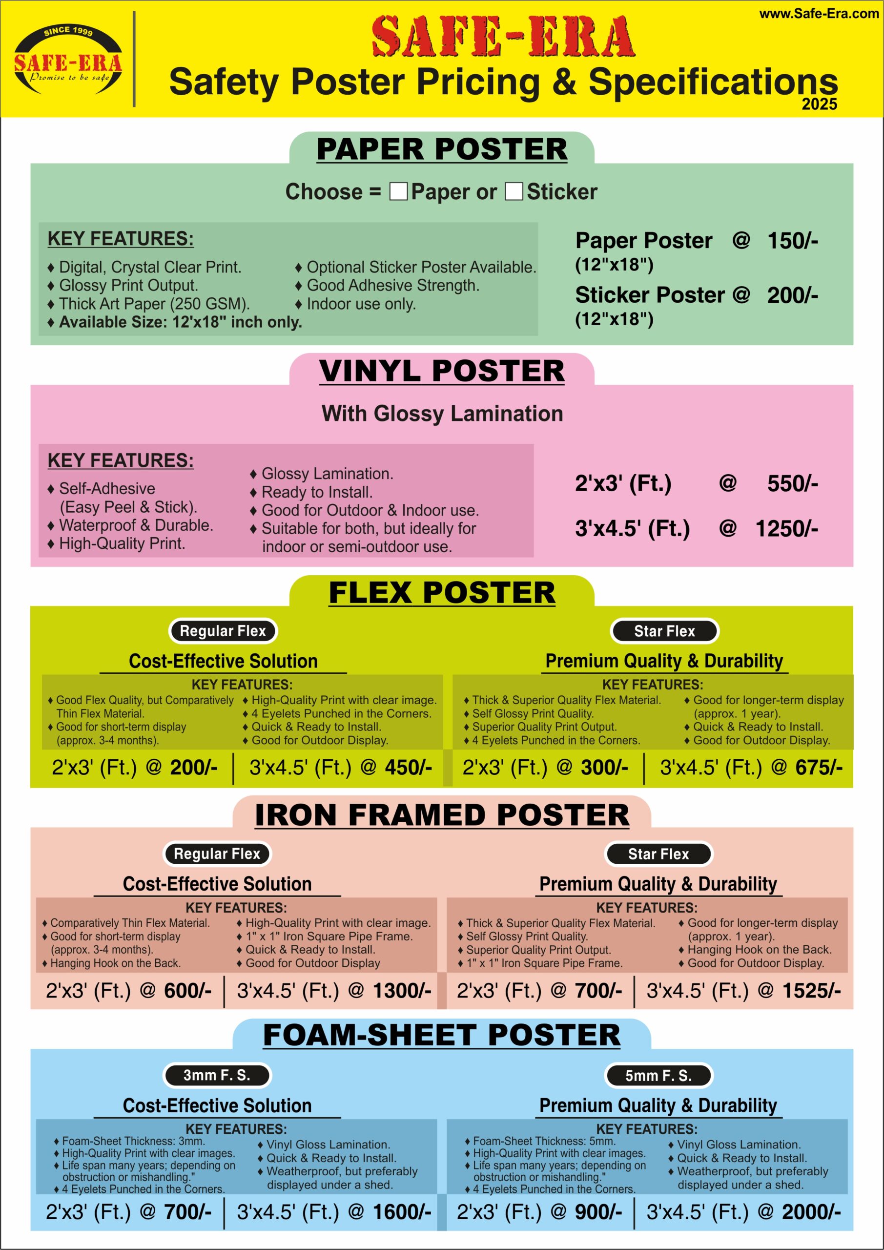 Safe-Era's Safety Poster Price List and Specifications