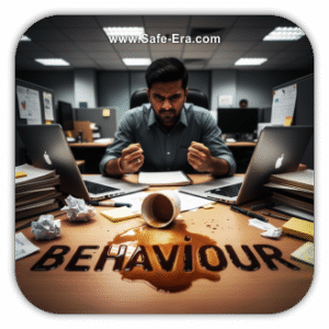 An angry man sitting at an office desk, looking frustrated with two laptops and a knocked-over cup of coffee. The word "BEHAVIOUR" is spelled out in spilled coffee on the desk. This image represents workplace behavior safety.