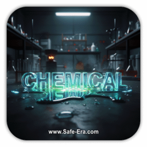 A dark, moody laboratory with beakers, test tubes, and other chemical equipment. The word "CHEMICAL" is glowing neon and sits on a puddle of liquid, representing chemical safety.