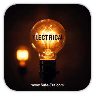 A close-up shot of a glowing vintage light bulb with the word "ELECTRICAL" written on it. The background is dark, with another blurry bulb in the distance.