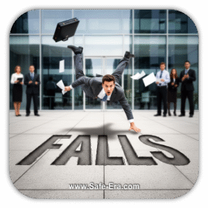 A man in a business suit is falling mid-air, with papers flying around him. The word "FALLS" is carved into the concrete ground he is about to hit, with a group of people standing calmly in the background.