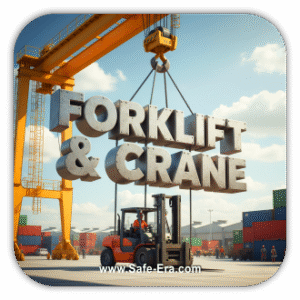An outdoor shipping yard scene with a yellow gantry crane in the background. A forklift is lifting a container, and the words "FORKLIFT & CRANE" are suspended in the air by large chains from the crane's hook.