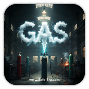 A stylized image in a dark industrial space. A gas tank is letting out a blue-glowing stream of gas that forms the word "GAS" in a cloud-like shape.