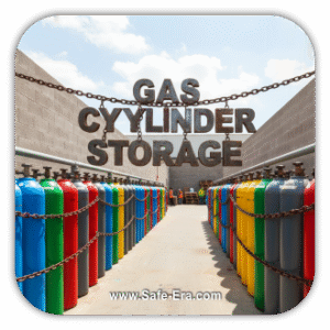 A long, narrow outdoor storage area with two rows of brightly colored industrial gas cylinders. The words "GAS CYLINDER STORAGE" hang from chains above the cylinders.