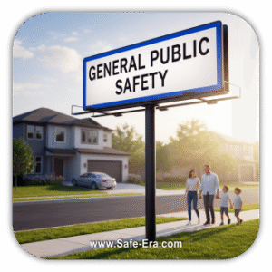 A family of four walks down a sidewalk in a suburban neighborhood. Behind them, a large billboard with the text "GENERAL PUBLIC SAFETY" stands against a bright, clear sky.