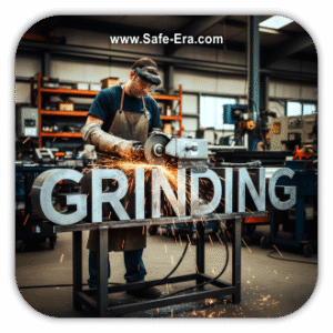 A worker wearing safety goggles and an apron is using a metal grinder in a workshop. Sparks are flying, and large metal letters spelling "GRINDING" sit on a table in the foreground.