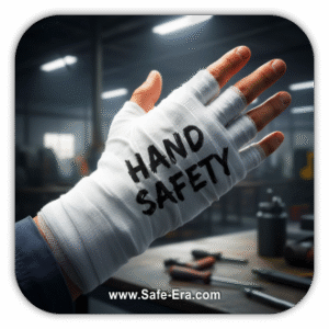 A person's hand is wrapped in a white bandage with the words "HAND SAFETY" written on it. The background shows a blurry workshop or garage setting with tools on a workbench.