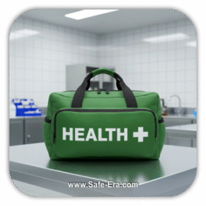 A green first-aid bag with the word "HEALTH" and a white cross symbol is placed on a shiny table in what appears to be a sterile medical or lab room.