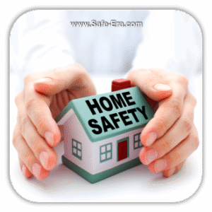 A pair of hands gently cupping a small, model house. The roof of the house has the text "HOME SAFETY," symbolizing protection and security.