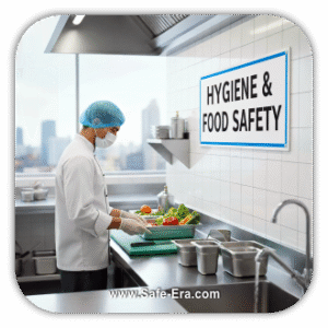 A chef in a kitchen wearing a hairnet and mask is preparing vegetables. A sign on the wall behind him has the text "HYGIENE & FOOD SAFETY" in a blue-bordered box.