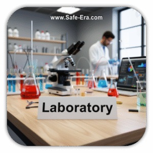 A clean, modern laboratory with a microscope, beakers, and a laptop on a desk. A small sign on the table reads "Laboratory," with a scientist working in the blurred background.