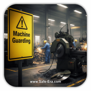 In a dimly lit factory, a worker uses a machine that is creating sparks. A prominent yellow caution sign in the foreground reads "Machine Guarding" with a hazard symbol.