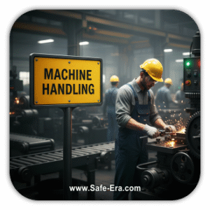 A factory worker wearing a yellow helmet and safety goggles operates a large machine, creating sparks. A yellow sign in the foreground reads "Machine Handling."
