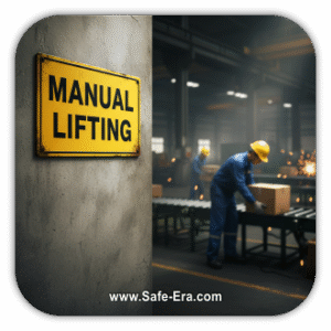 A weathered yellow sign with "Manual Lifting" is bolted to a concrete pillar. In the blurred background, a factory worker in a blue uniform is shown lifting a cardboard box from a conveyor belt.