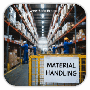 A close-up of a wire cage with a white sign that says "Material Handling." The background shows a busy warehouse aisle with workers on ladders and forklifts, emphasizing safe handling procedures.