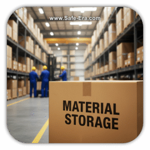 A cardboard box with "MATERIAL STORAGE" printed on it is in the foreground. The background is a large, well-organized warehouse with tall shelves full of boxes and workers handling them, representing proper storage safety.