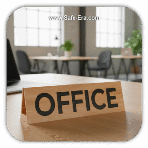 A close-up shot of a wooden desk sign that reads "OFFICE." The background is a modern, clean office space with desks and chairs, representing safety in an office environment.