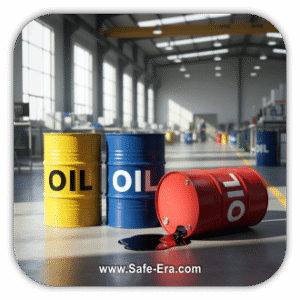Three brightly colored oil drums, one yellow, one blue, and one red, with the word "OIL" written on them. The red drum is lying on its side, spilling a puddle of dark oil, highlighting the dangers of oil spills and improper storage.