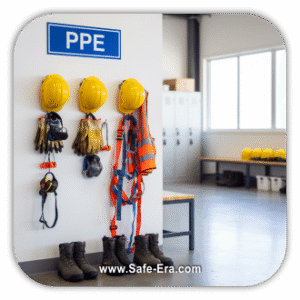 A white wall with various Personal Protective Equipment ( PPE ) hanging on it, including three yellow hard hats, work gloves, safety goggles, and a safety harness. A pair of work boots is on the floor below, showing a designated area for safety gear.