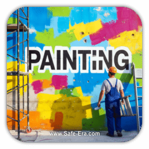 A person in a painter's uniform and a hard hat stands in front of a colorful, abstract wall. The word "PAINTING" is written in bold white letters across the wall. The person is holding a paint roller and a ladder is nearby.