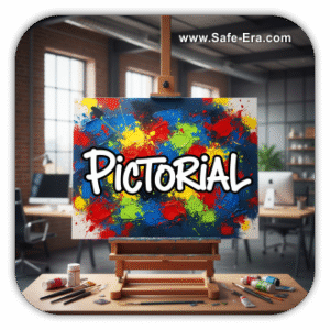 A canvas on an easel splattered with vibrant red, yellow, and blue paint. The word "PICTORIAL" is written in white letters over the colorful paint, symbolizing safety through pictures and visuals.