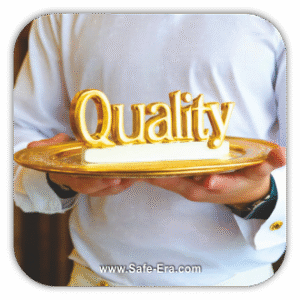 A person wearing a white shirt and gold cufflinks holds a golden platter. On the platter is a 3D golden sculpture of the word "Quality," symbolizing high standards and excellence.