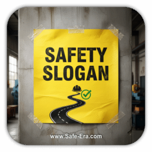 A bright yellow, crumpled poster taped to a concrete wall. The poster has a road curving upwards with a helmet and checkmark, and the text "SAFETY SLOGAN" is written in bold, black letters.