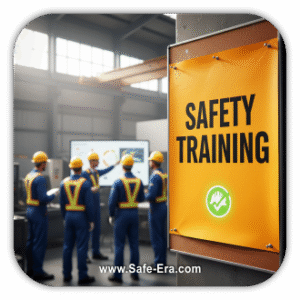 An orange poster with "SAFETY TRAINING" is pinned to a corkboard. In the background, a group of workers in yellow helmets are listening to an instructor pointing at a screen.