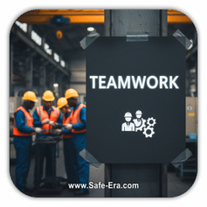 A dark, square poster with "TEAMWORK" written in white is taped to a metal beam. The poster has an icon of three workers with gears, symbolizing collaboration. In the blurred background, a group of factory workers in hard hats are gathered together.