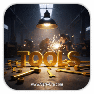 A dark, industrial workshop with large, gold-colored letters spelling "TOOLS" scattered among various golden wrenches and hammers on the floor. In the background, workers are shown doing metalwork with sparks flying.