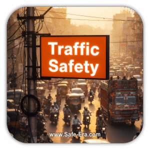 A chaotic street scene with heavy traffic, including motorbikes, cars, and a truck. A large orange street sign in the foreground reads "Traffic Safety."