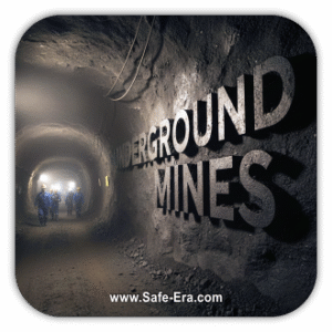 A group of miners with headlamps walking through a dark, dusty underground mine tunnel. The words "UNDERGROUND MINES" are carved into the rock wall on the right side.