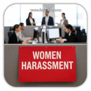 A red sign with "WOMEN HARASSMENT" in bold, white letters is taped to an office cubicle wall. The background shows a blurred office environment with male and female employees.