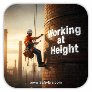 A worker with a helmet, safety harness, and tools is suspended by ropes, working on the side of a tall brick chimney. The words "Working at Height" are illuminated on the chimney beside him.