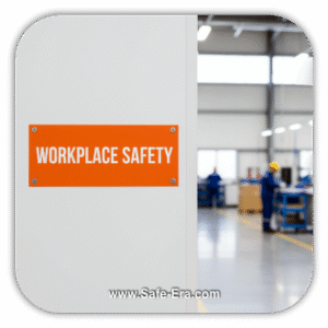 An orange sign with the words "WORKPLACE SAFETY" is mounted on a white wall. The background shows a blurred, clean industrial or factory space with workers in blue uniforms, representing a safe and organized work environment.