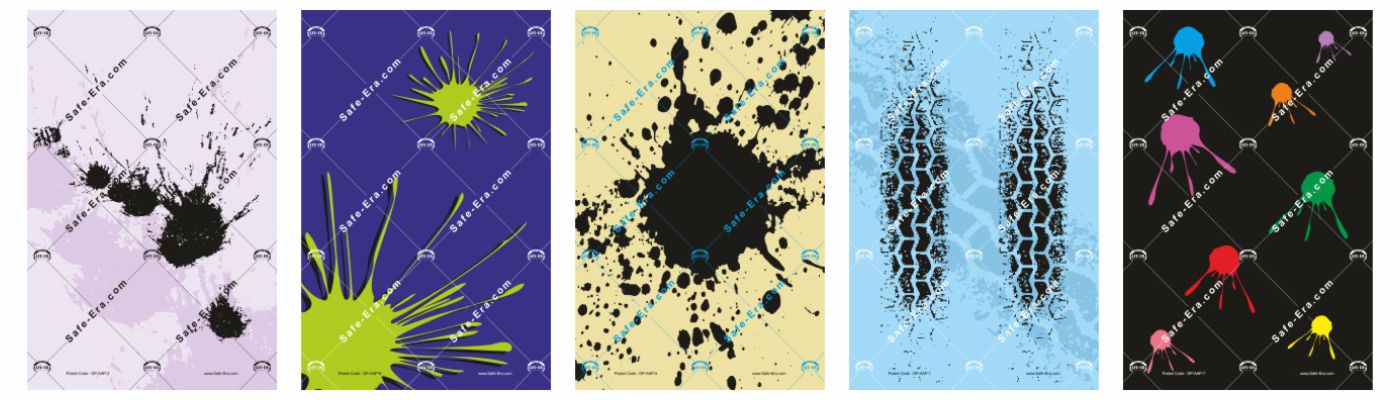 General Posters - Abstract Artistic Posters: Five posters showcasing different artistic splatters and textures. Designs include black ink blots on purple, green splash on blue, large black splash on yellow, dark tire treads on light blue, and various colorful paint splatters on black.