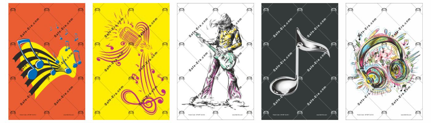 General Posters - Melody Posters: Five posters with a music theme. Designs include blue musical notes on a yellow and black staff on orange, a stylized microphone with pink notes on yellow, a sketch of a guitarist on white, a large chrome-finish musical note on dark gray, and abstract, colorful headphones on white.