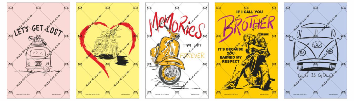 General Posters - Passion Ride Posters: Five posters celebrating friendship and travel with vintage vehicle illustrations and meaningful quotes. Designs include: a van with "LET'S GET LOST" on a pink background, two scooters inside a red heart on yellow, a yellow scooter with "Memories THAT LAST FOREVER" on white, two men with "IF I CALL YOU BROTHER IT'S BECAUSE YOU EARNED MY RESPECT" on yellow, and a Volkswagen van with "OLD IS GOLD" on a light blue background.