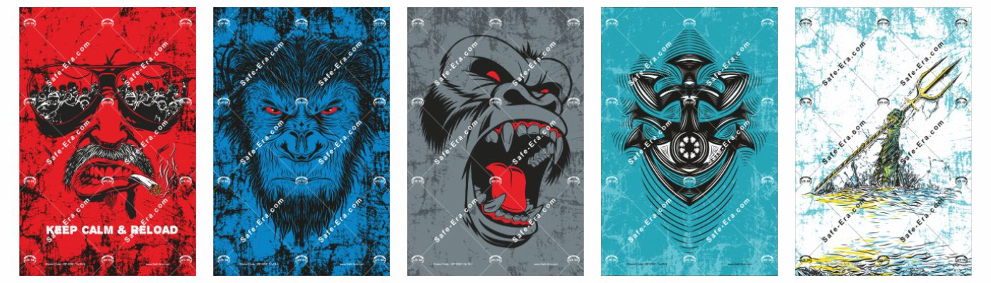 GENERAL POSTERS - Warrior Spirit Posters: Five aggressive and strong-themed posters. Designs include: a skull-faced man with sunglasses and a mustache smoking, with text "KEEP CALM & RELOAD" on a distressed red background; a blue gorilla face with red eyes; a grey gorilla roaring with red mouth and eyes; a dark blue intricate anchor design on a teal background; and a golden trident emerging from water on a textured light blue background.