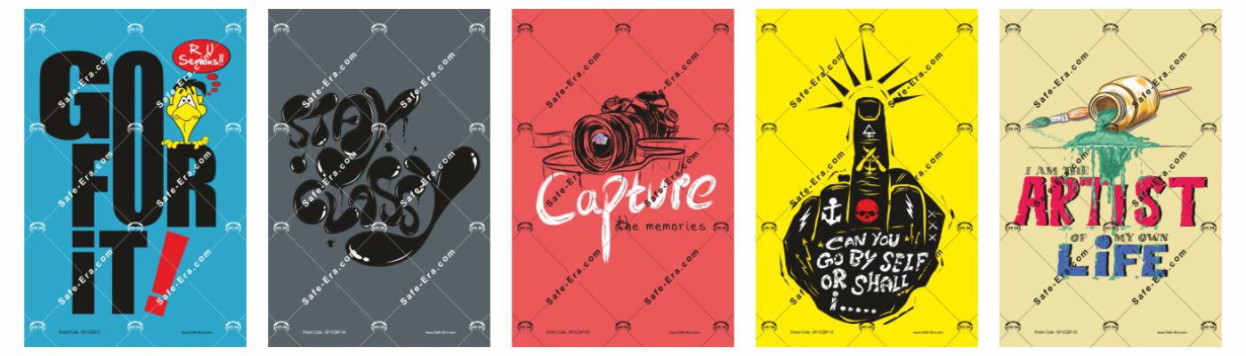 General Posters - Casual Quotes & Sayings Posters: Five quote posters. Designs include: "GO FOR IT!" on blue, black liquid paint text on gray, a camera and "Capture the memories" on red, a stylized black hand with text on yellow, and a brush/paint and the quote "I AM THE ARTIST OF MY OWN LIFE" on yellow.