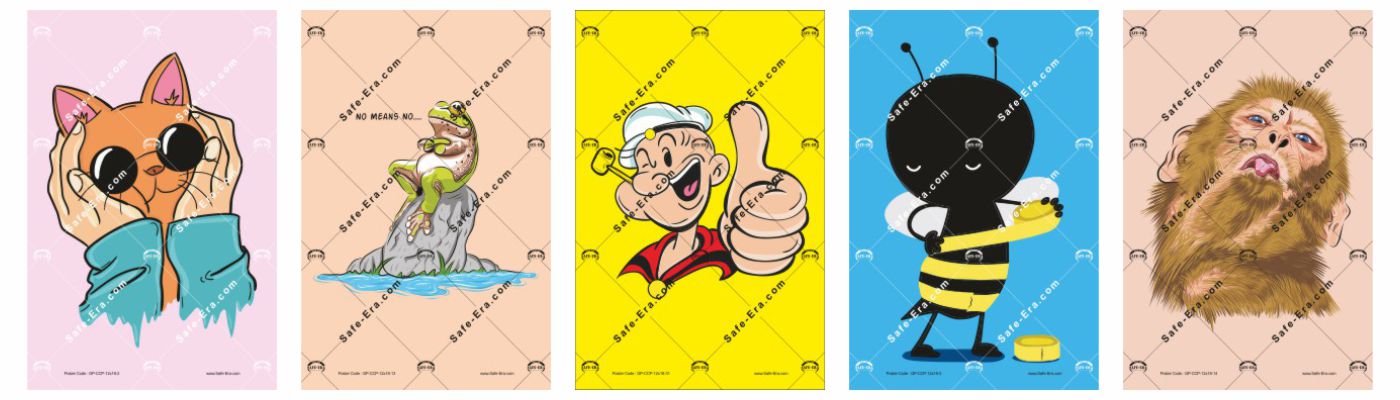 General Posters - Charming Character Posters: Five posters featuring charming cartoon characters. Designs include a cat wearing sunglasses, a frog on a rock, Popeye giving a thumbs up, a cartoon bee holding a pen, and a funny monkey with multiple eyes.