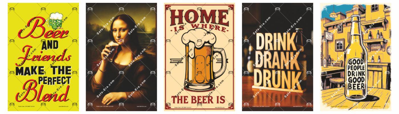 General Posters - Cheers & Beers Art Posters: Five posters themed around beverages. Designs include "Beer And Friends Make The Perfect Blend," Mona Lisa drinking, "HOME IS WHERE THE BEER IS" on a mug, "DRINK DRANK DRUNK" in 3D text, and a vintage style drawing of a beer bottle and an interior scene.