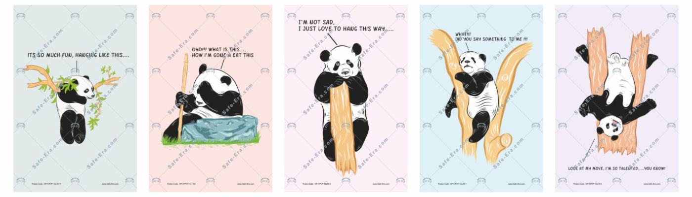 General Posters - Cute Panda Vibes Posters: Five adorable posters featuring pandas in various poses with quirky quotes like "IT'S SO MUCH FUN HANGING LIKE THIS...," "OH!!! WHAT IS THIS... HOW I'M GONE-A EAT THIS," "I'M NOT SAD, I JUST LOVE TO HANG THIS WAY...," "WAIT! DID YOU SAY SOMETHING TO ME!!!," and "LOOK AT MY MOVE, I'M SO TALENTED... YOU KNOW!".