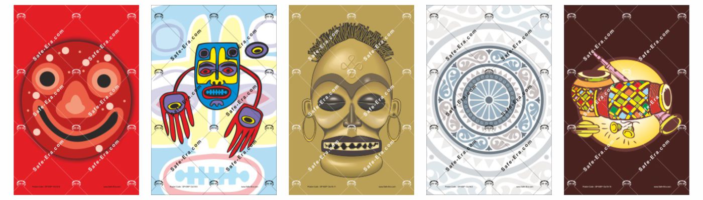 General Posters - Ethnic Elegance Posters: Five posters with ethnic and tribal art concepts. Designs include a red smiley mask, a multi-colored geometric mask, a brown tribal face mask, a detailed circular mandala pattern, and a colorful, patterned mate gourd with coins.