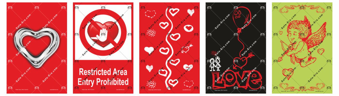 General Posters - Love Posters: Five posters on the theme of love. Designs include a 3D silver metallic heart, a no-entry sign over a hand holding a heart (Restricted Area), a vertical pattern of white hearts on red, a black background with "LOVE" graffiti text and a balloon, and a red cherub (Cupid) with a bow on a green background.