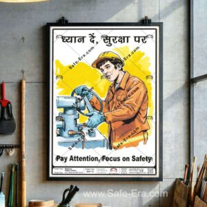 A 'Pay Attention, Focus on Safety' behaviour safety poster (Code: BSP-15) framed and displayed in a workshop or industrial environment. The poster features an illustration of a focused worker in a hardhat and gloves attentively operating a piece of machinery. The message promotes safety awareness in English and Hindi: 'Pay Attention, Focus on Safety' and 'ध्यान दें, सुरक्षा पर'.