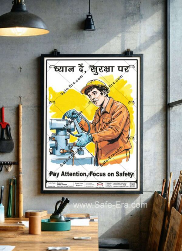 A 'Pay Attention, Focus on Safety' behaviour safety poster (Code: BSP-15) framed and displayed in a workshop or industrial environment. The poster features an illustration of a focused worker in a hardhat and gloves attentively operating a piece of machinery. The message promotes safety awareness in English and Hindi: 'Pay Attention, Focus on Safety' and 'ध्यान दें, सुरक्षा पर'.