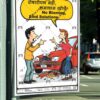 A 'No Blaming, Find Solutions' behaviour safety poster (Code: BSP-19) displayed outdoors on a pole. The poster features a cartoon illustration of a man and a woman angrily pointing at each other in front of a damaged red car. A speech bubble contains the message, 'No Blaming, Find Solutions,' which encourages focusing on fixing issues rather than assigning fault. The message is also displayed in Hindi.